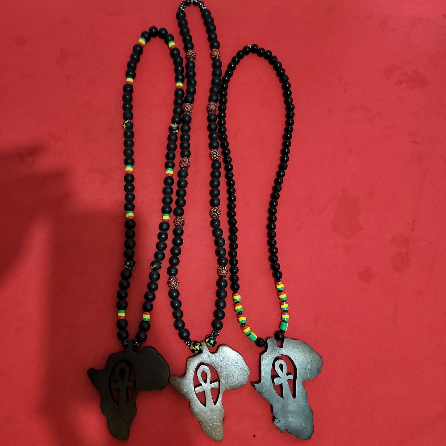 Black Glass Beaded Necklace with African Medallion and Ankh