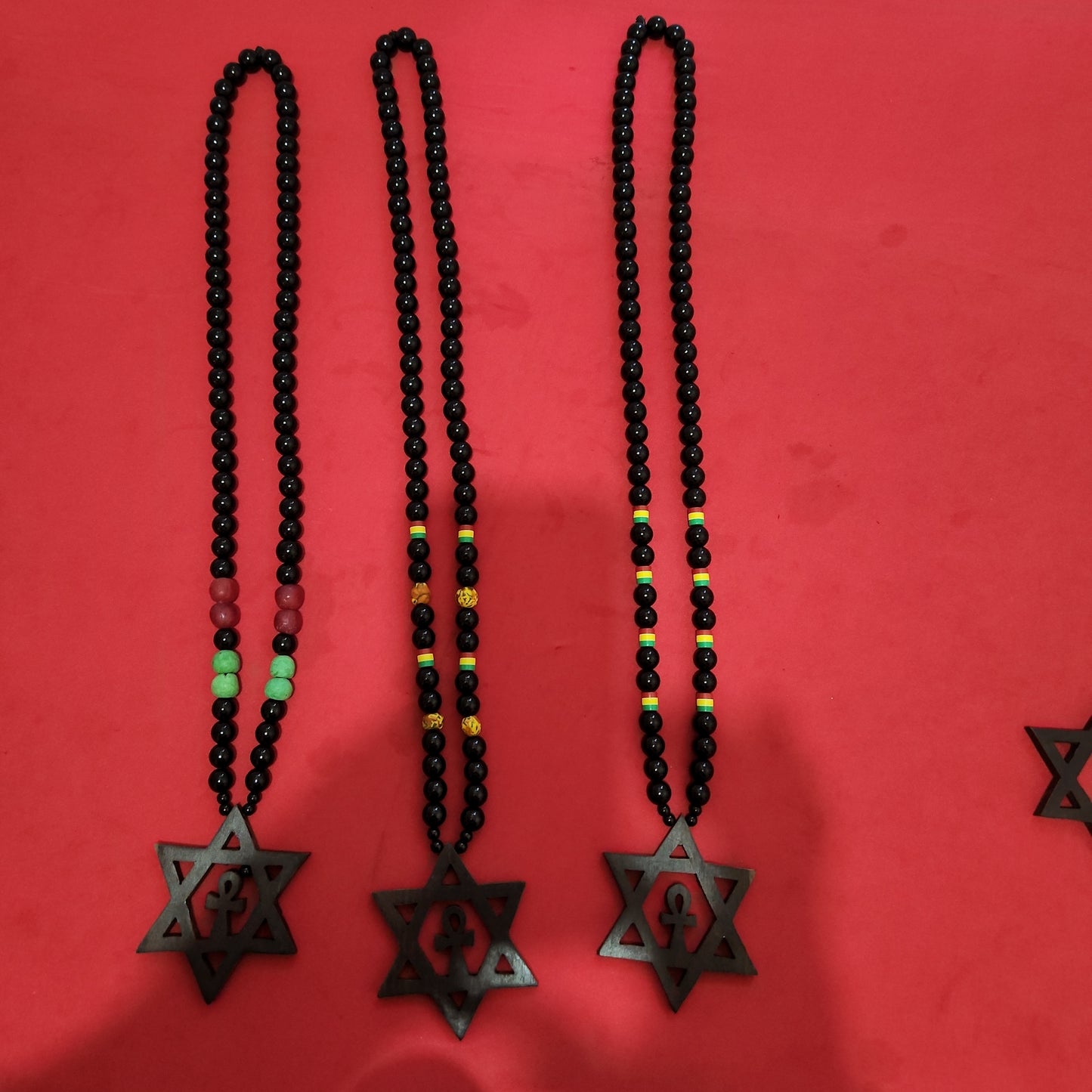 Black Wood Beaded Necklace With Star of David and Ankh