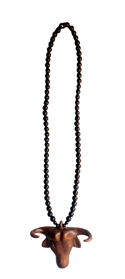 Black Onyx glass beaded Necklace with Bull Head Medallion