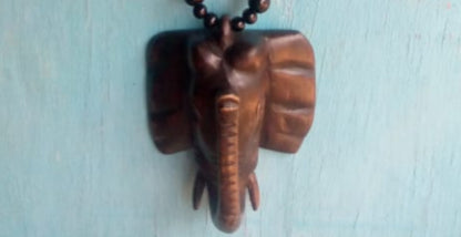 Black Onyx Glass Beaded Necklace with Elephant Head Medallion