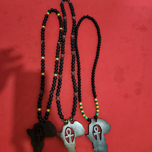 Black Glass Beaded Necklace with African Medallion and Ankh