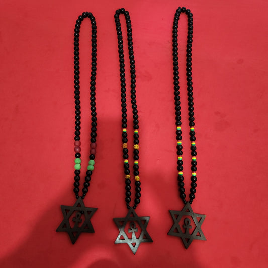 Black Wood Beaded Necklace With Star of David and Ankh