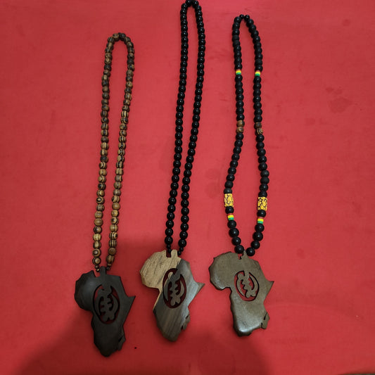 Black Wood Beaded Necklace with Africa Medallion